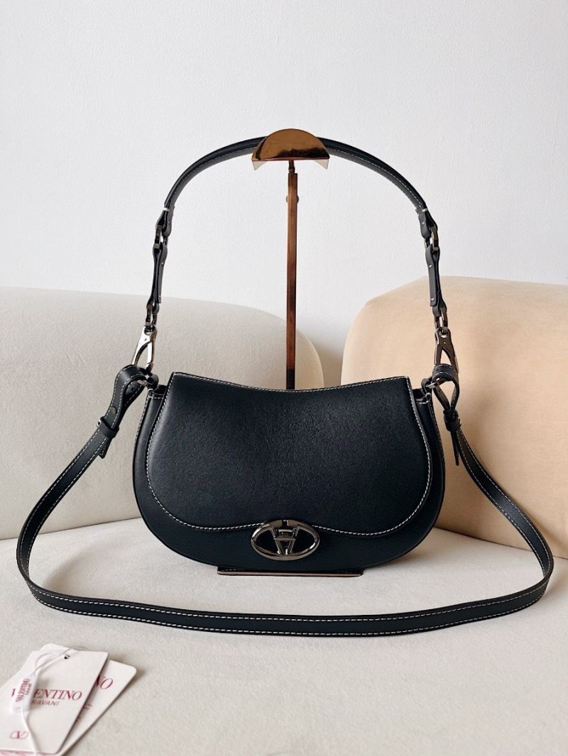 Valentino Garavani Ohval Leather Shoulder Bag in Black with silver hardware