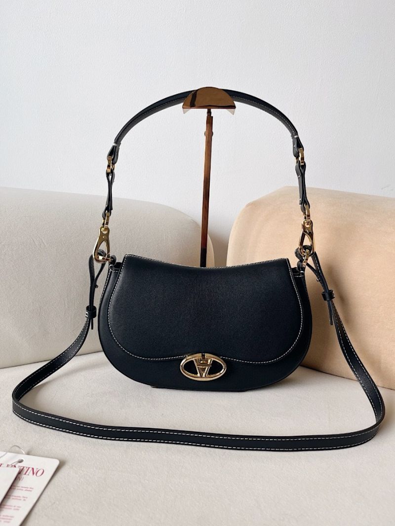 Valentino Garavani Ohval Leather Shoulder Bag in Black in gold hardware