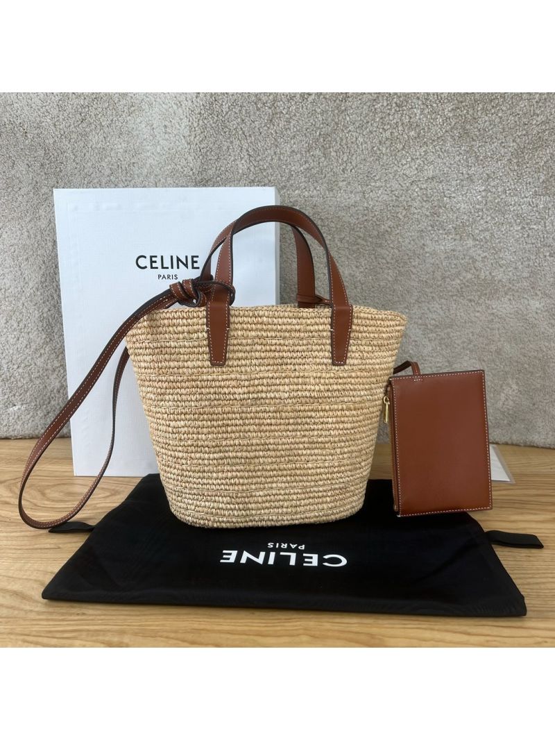 Celine Medium Supple Classic Panier in Raffia and Calfskin 114342 Tan
