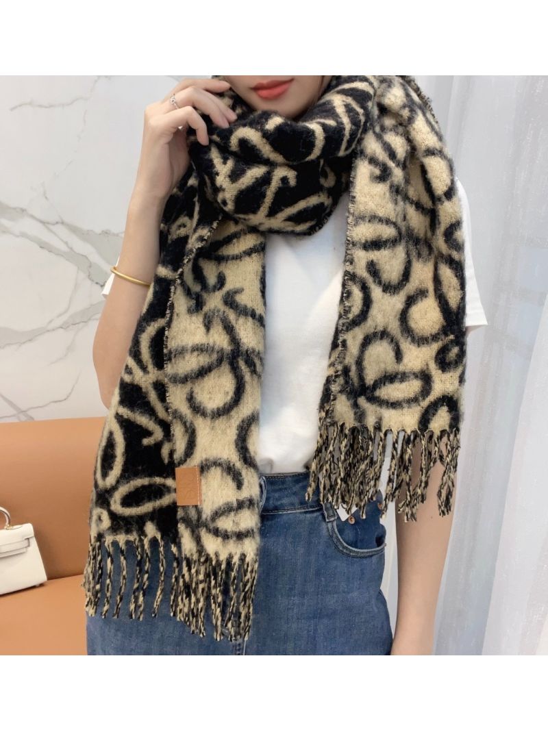 Loewe Alpaca Wool Anagram Scarf with Fringed Edges 186 x 36 cm black