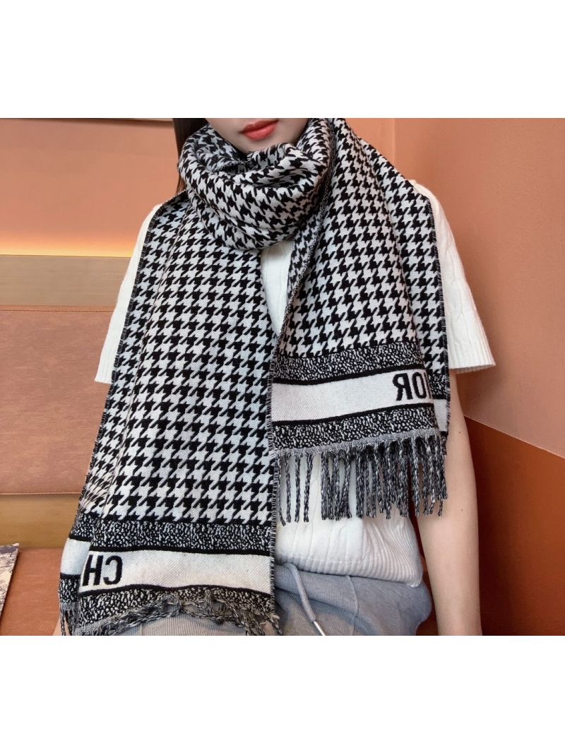 Dior Houndstooth Wool & Cashmere Scarf with Fringed Edges