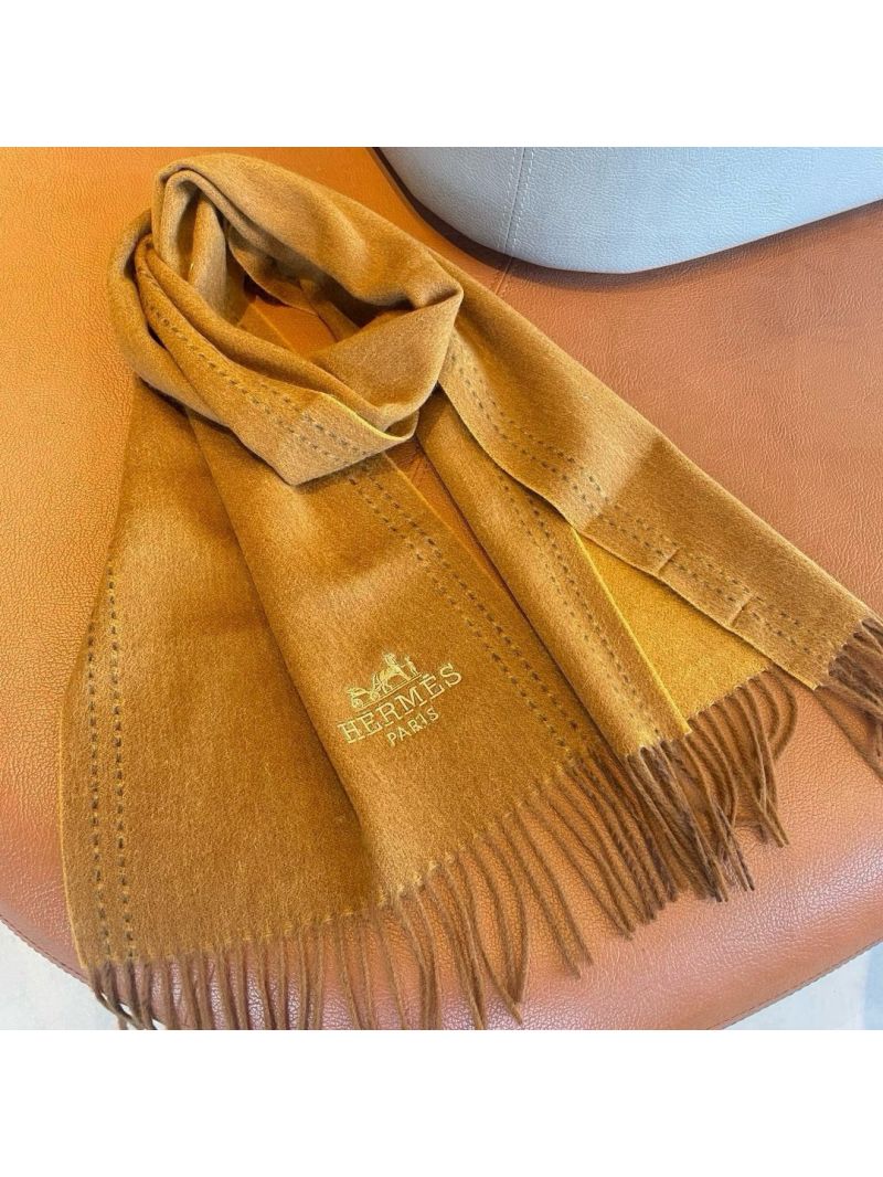 Hermes Double-Sided "H" Embroidered brown Scarf with Elegant Border Design 35 x 180 cm