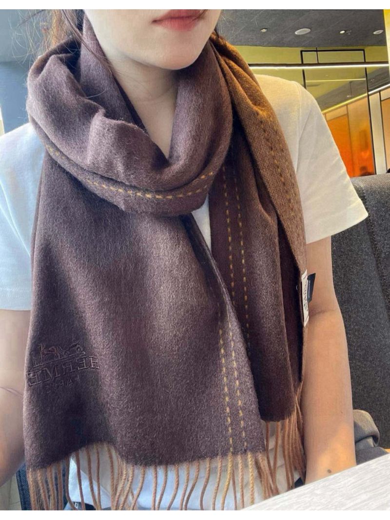 Hermes Double-Sided "H" Embroidered dark brown Scarf with Elegant Border Design 35 x 180 cm