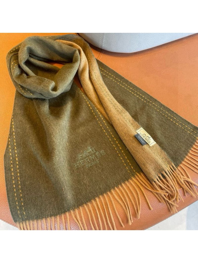 Hermes Double-Sided "H" Embroidered Green Scarf with Elegant Border Design 35 x 180 cm