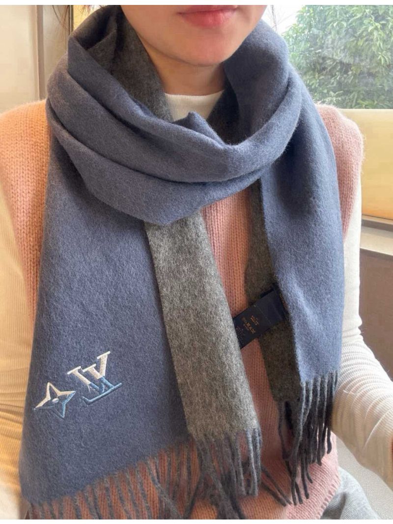 Louis Vuitton Double-Sided Wool Scarf with Embroidered Logo – 30x180cm blue grey