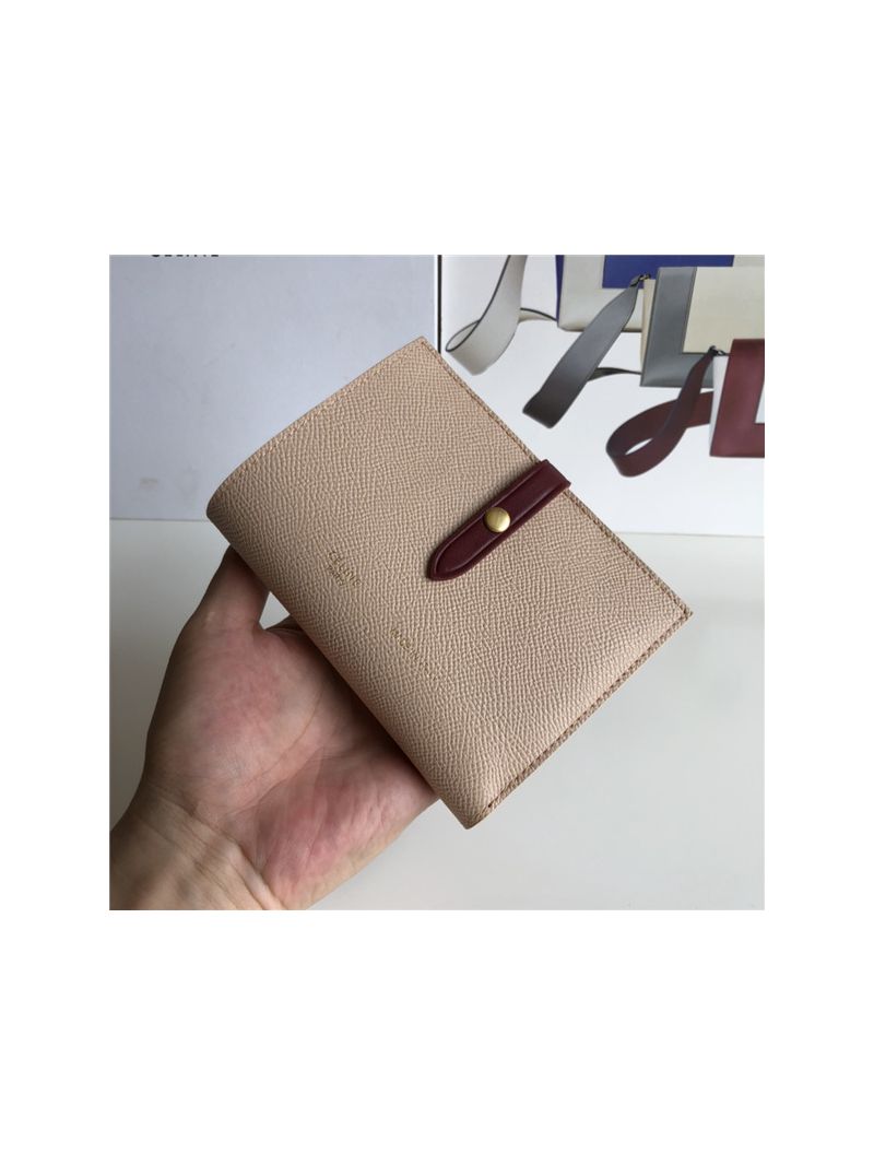 Celine Strap medium/large multifunction wallet in light brown grained calfskin and burgundy shiny calfskin