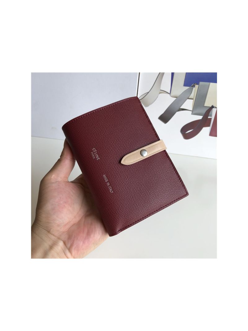 Celine Strap medium/large multifunction wallet in burgundy grained calfskin and light brown shiny calfskin