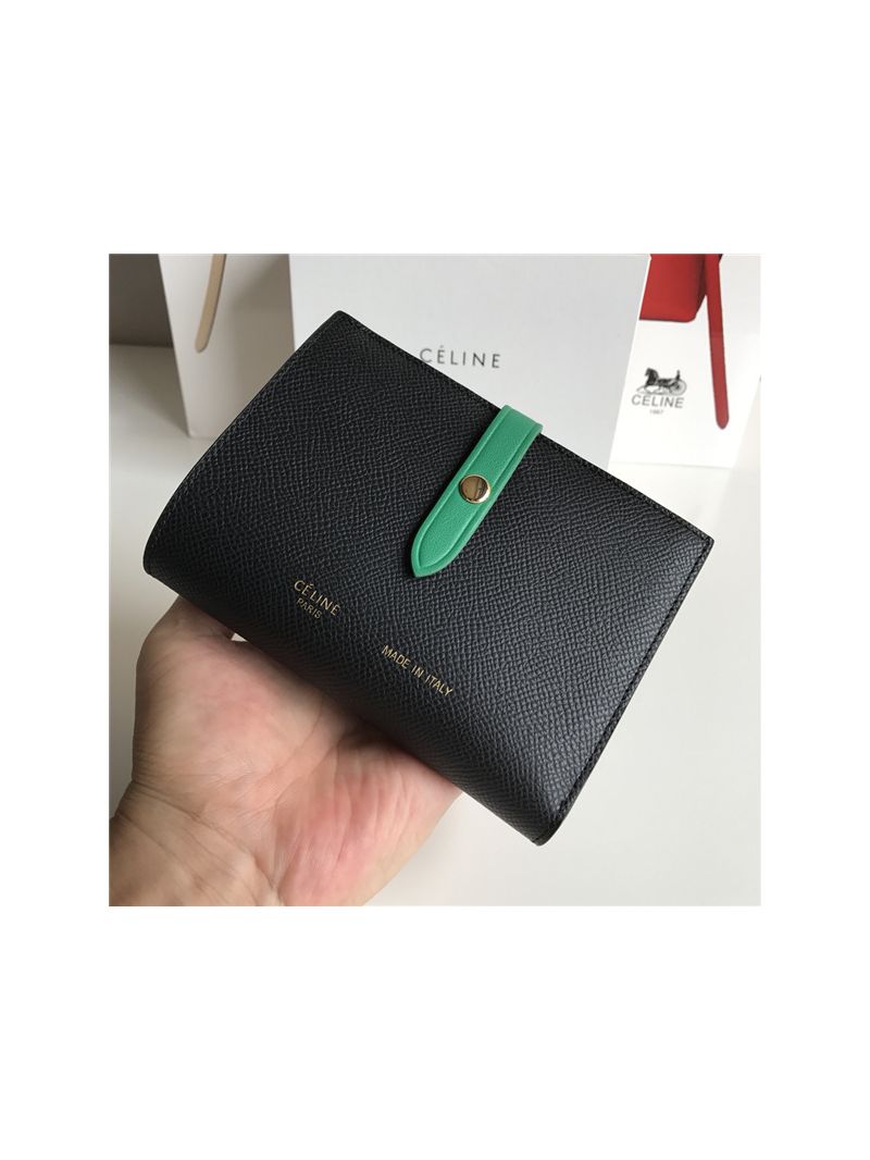 Celine Strap medium/large multifunction wallet in black grained calfskin and green shiny calfskin