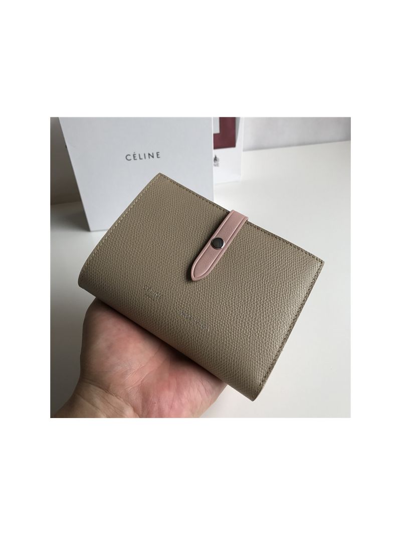Celine Strap medium/large multifunction wallet in brown grained calfskin and soft pink shiny calfskin