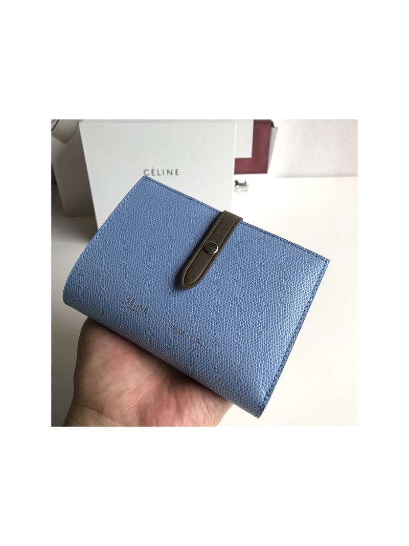 Celine Strap medium/large multifunction wallet in blue grained calfskin and brown shiny calfskin