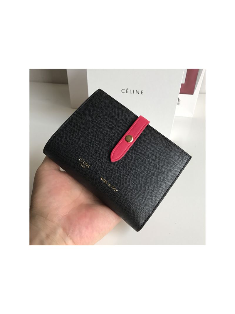 Celine Strap medium/large multifunction wallet in black grained calfskin and rosy shiny calfskin