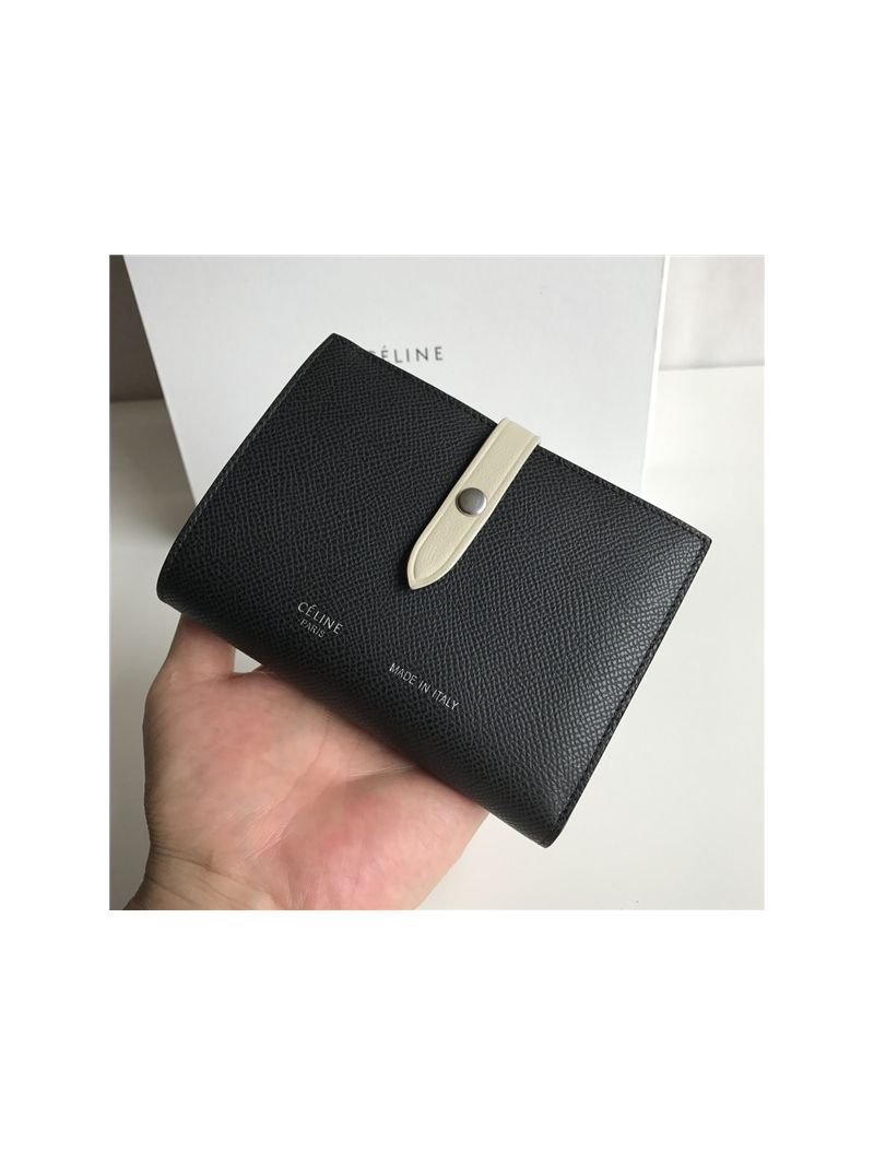 Celine Strap medium/large multifunction wallet in black grained calfskin and chalk shiny calfskin