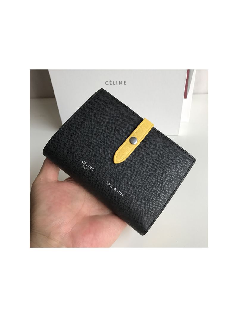 Celine Strap medium/large multifunction wallet in black grained calfskin and yellow shiny calfskin