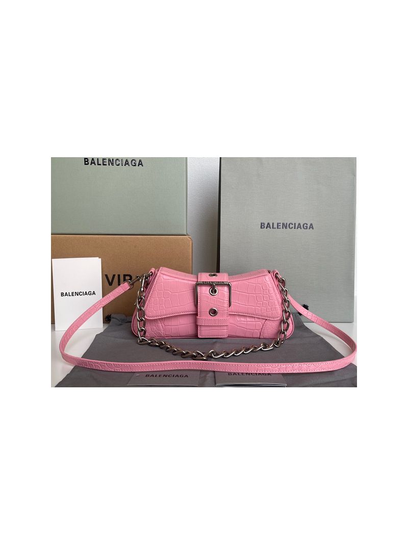 Balenciaga Lindsay Small Shoulder Bag With Strap in Crocodile Embossed 7011412 Light Pink