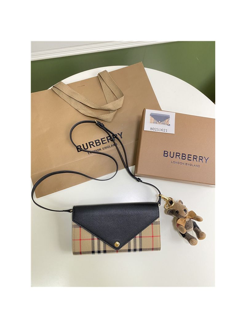 Burberry Vintage Check and Leather Wallet with Detachable Strap in black calfskin leather