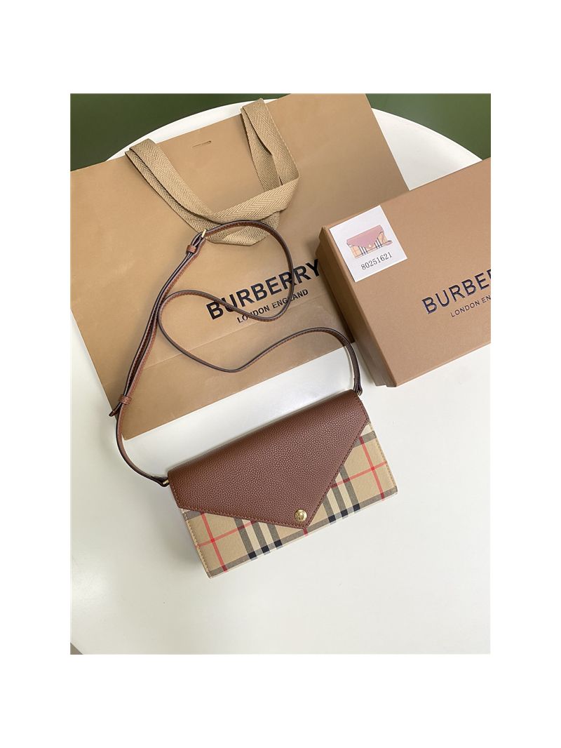 Burberry Vintage Check and Leather Wallet with Detachable Strap in Tan calfskin leather