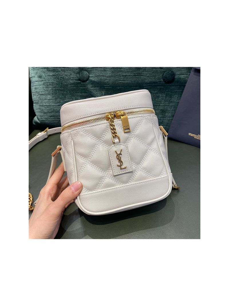 YSL Saint Laurent 80's vanity bag in blanc vintage carré-quilted grain de poudre embossed leather