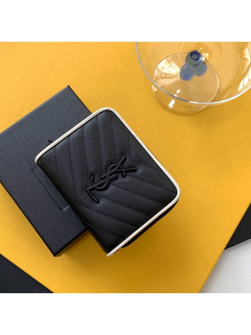 YSL Saint Laurent Monogram compact zip around wallet in grain de poudre embossed leather with white trim