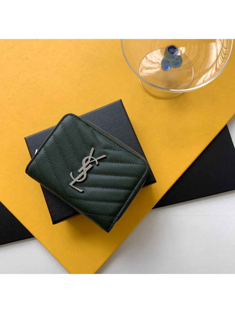 YSL Saint Laurent Monogram compact zip around wallet in green grain de poudre embossed leather