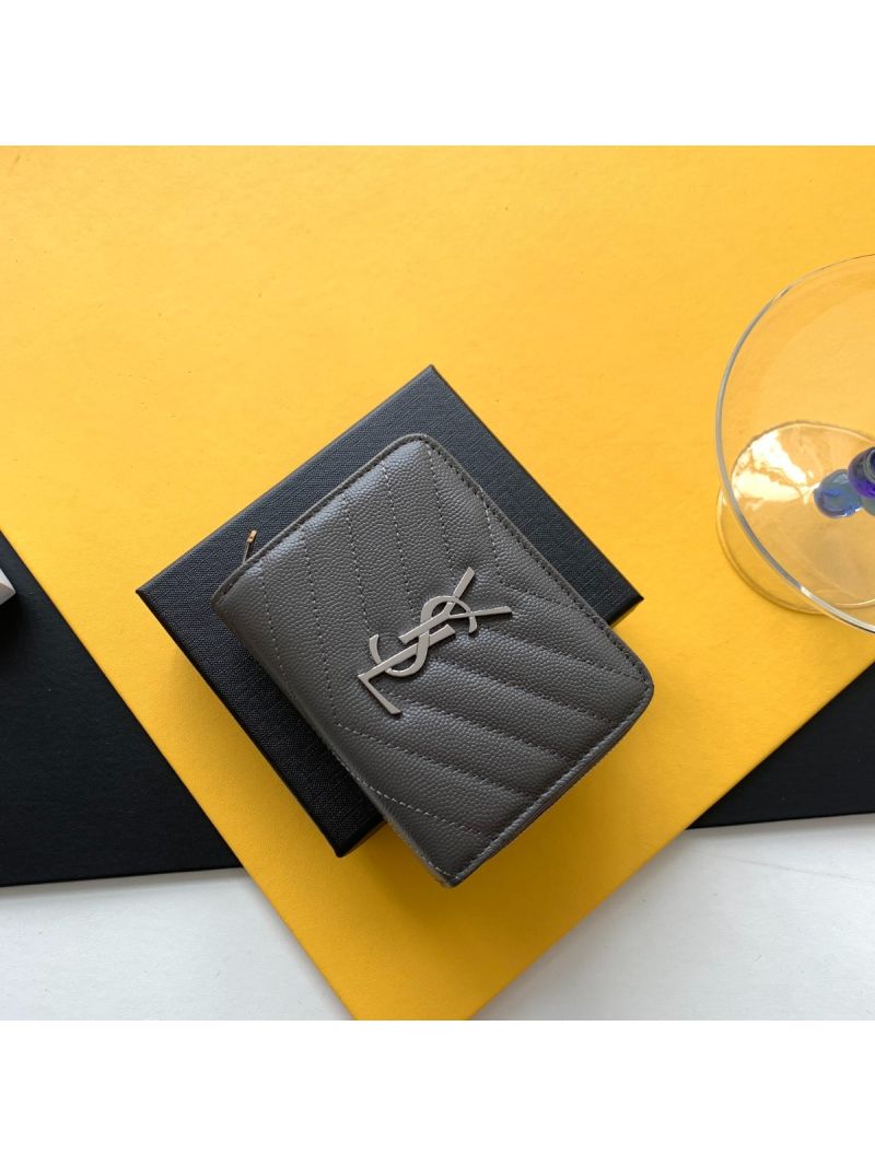 YSL Saint Laurent Monogram compact zip around wallet in grey grain de poudre embossed leather