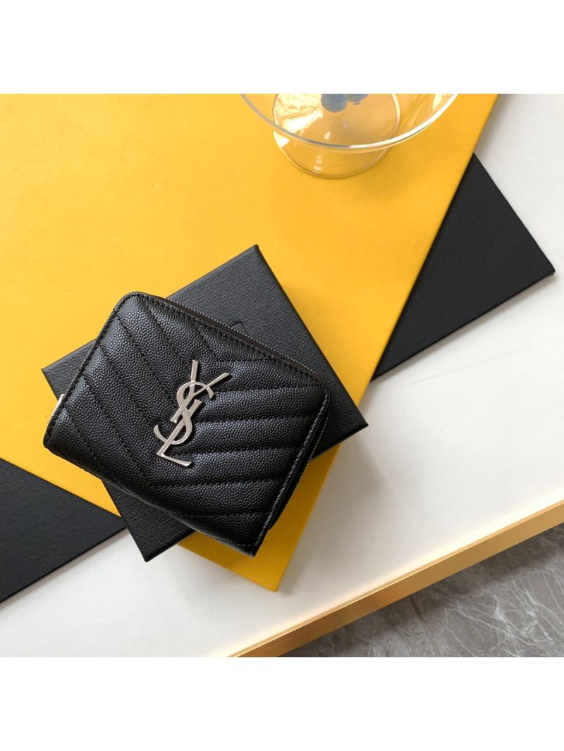 YSL Saint Laurent Monogram compact zip around wallet in black grain de poudre embossed leather silver hardware