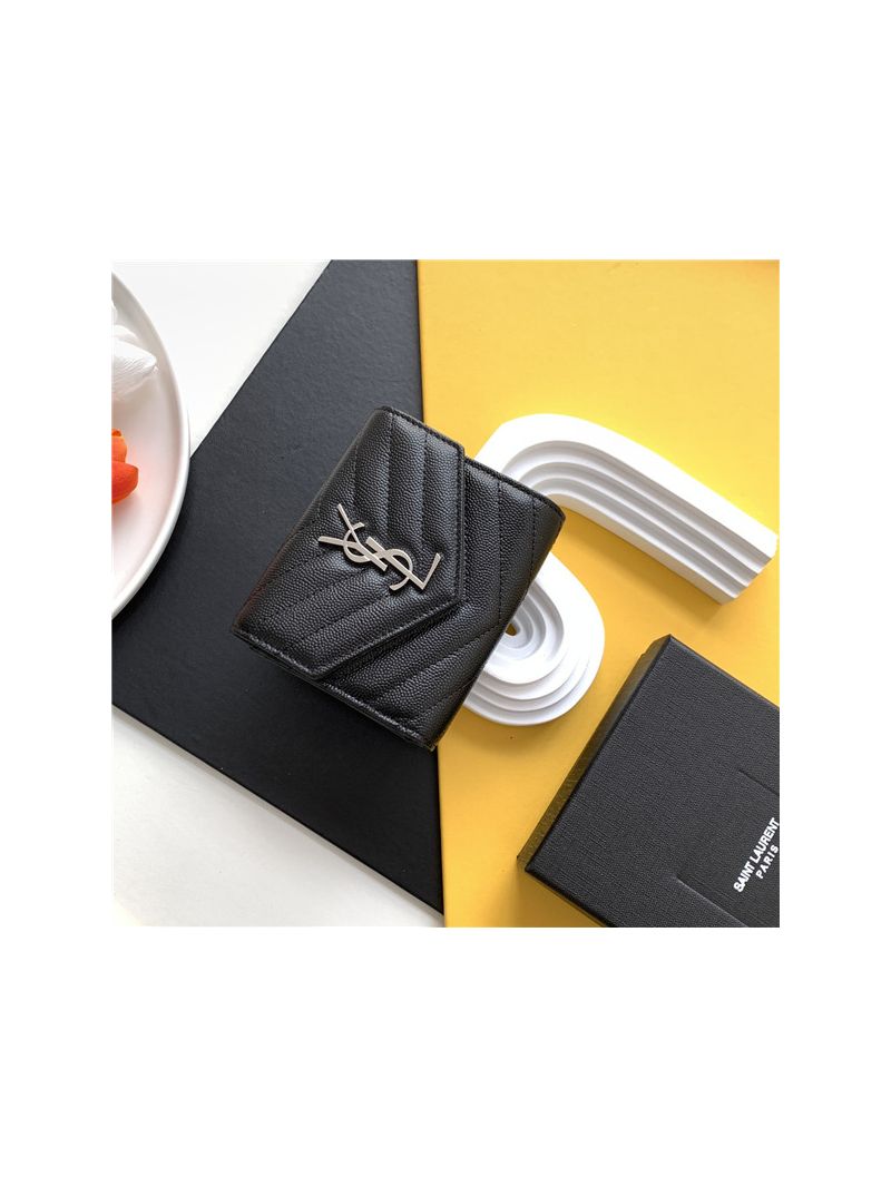 YSL Saint Laurent Monogram compact tri fold in grain de poudre embossed leather