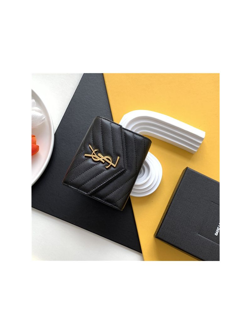 YSL Saint Laurent Monogram compact tri fold in grain de poudre embossed leather GHW