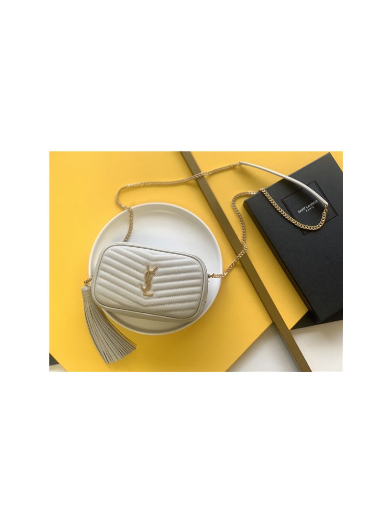 YSL Saint Laurent White Grain De Poudre Matelasse Monogram Mini Lou Camera Bag