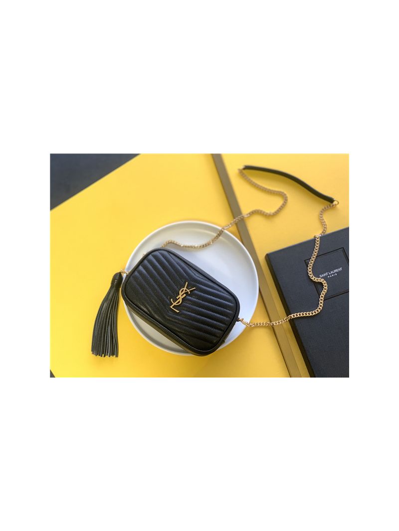 YSL Saint Laurent Grain De Poudre Matelasse Monogram Mini Lou Camera Bag black