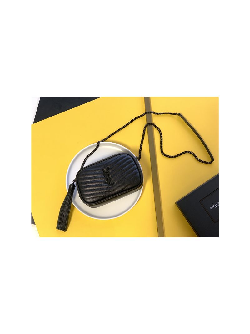 YSL Saint Laurent Grain De Poudre Matelasse Monogram Mini Lou Camera Bag black with bhw