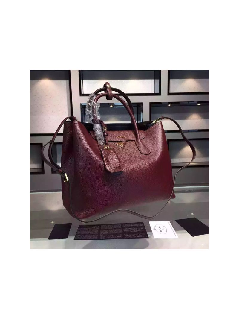 Prada BN2756 BN2775 Saffiano Cuir Burgundy Leather Tote