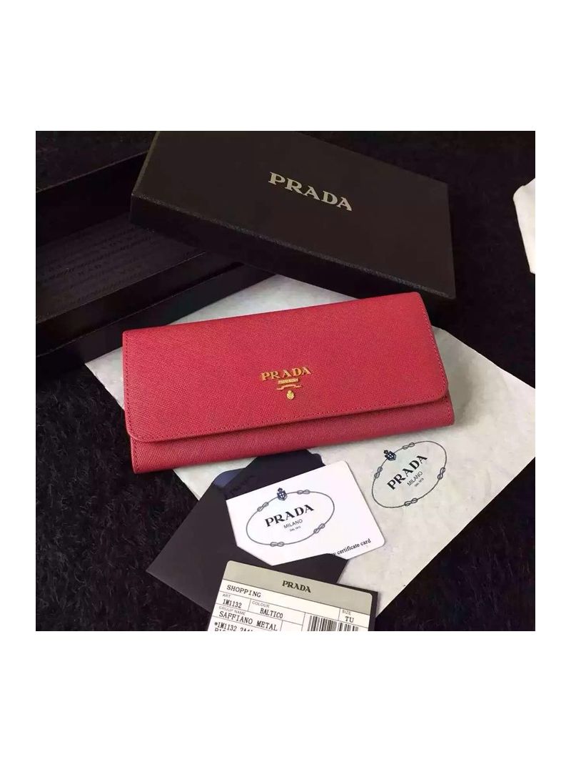 Prada 1M1132 Saffiano Leather Long Fold Wallet - Red