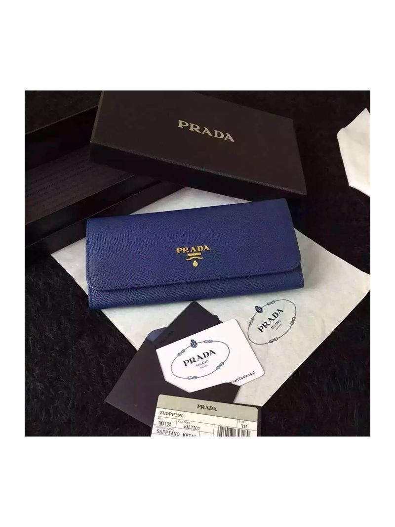 Prada 1M1132 Saffiano Leather Long Fold Wallet - Dark Blue