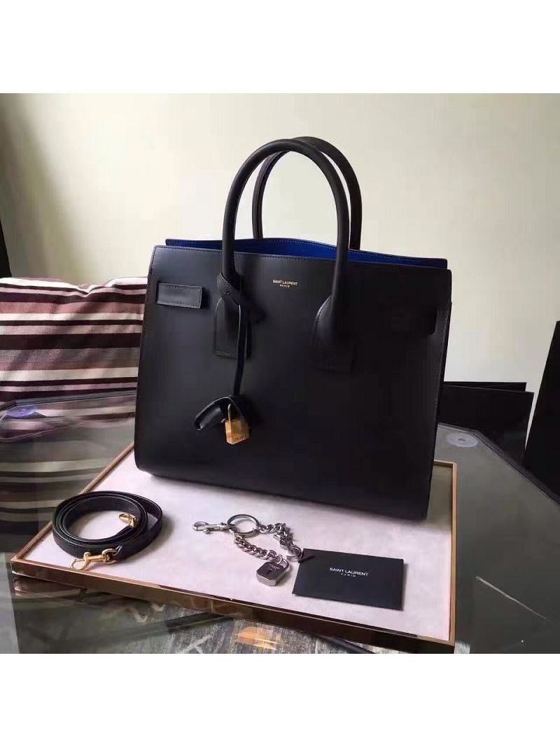 YSL Saint Laurent Classic Small Sac De Jour Bag In Black Grained Leather with blue inside