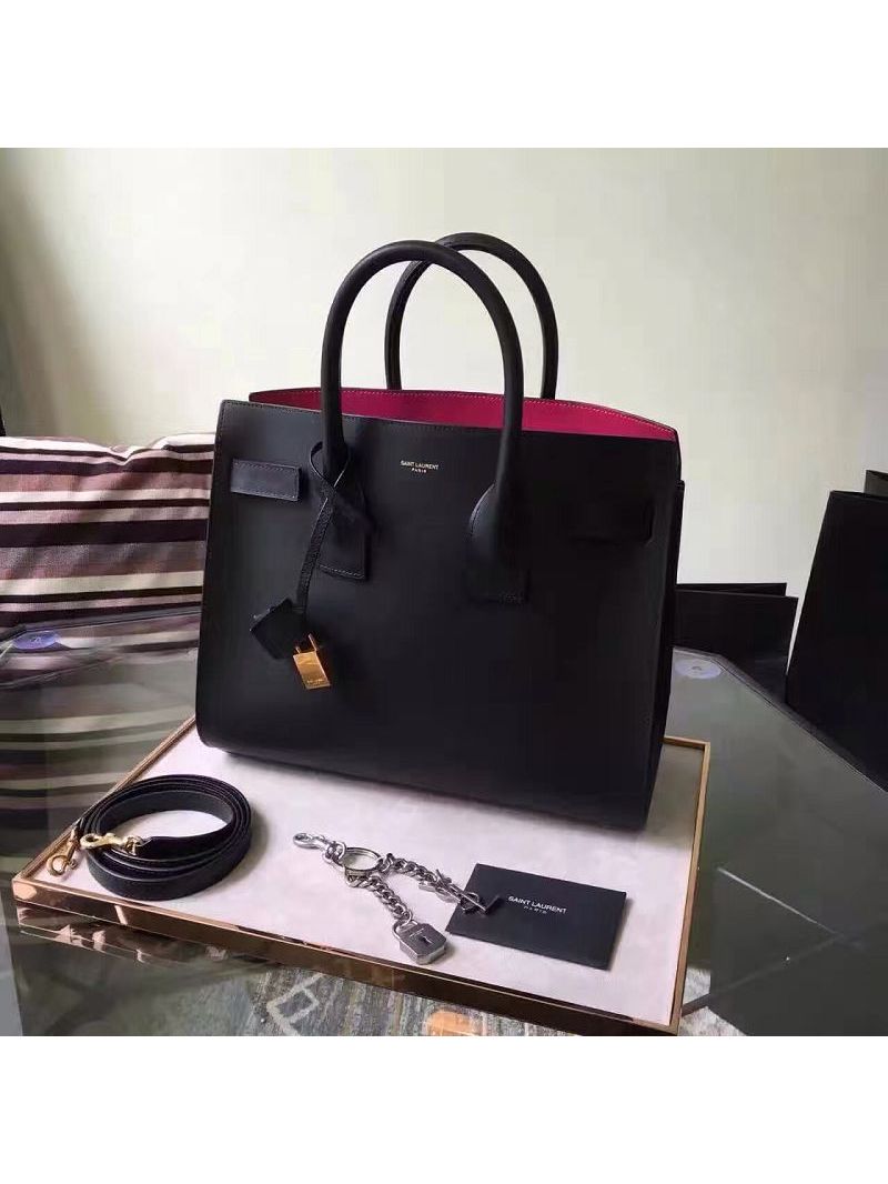 YSL Saint Laurent Classic Small Sac De Jour Bag In Black Grained Leather with red inside