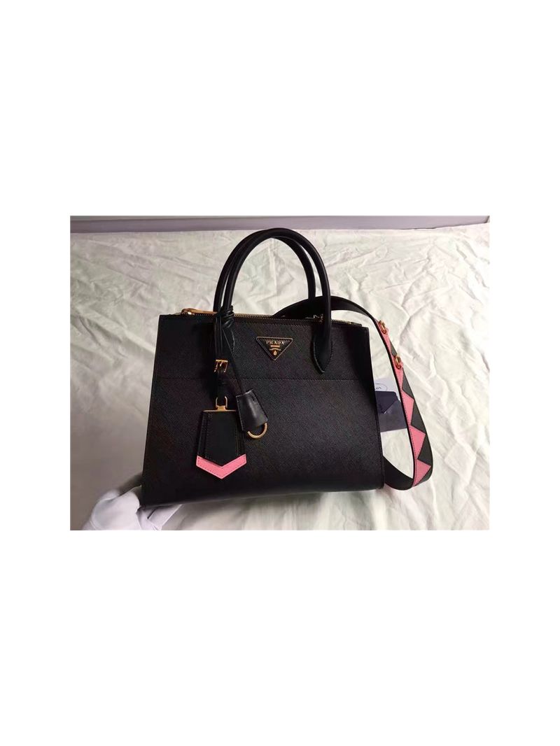 Prada Paradigme Black Bag with pink luggage tag 1ba102 1ba103