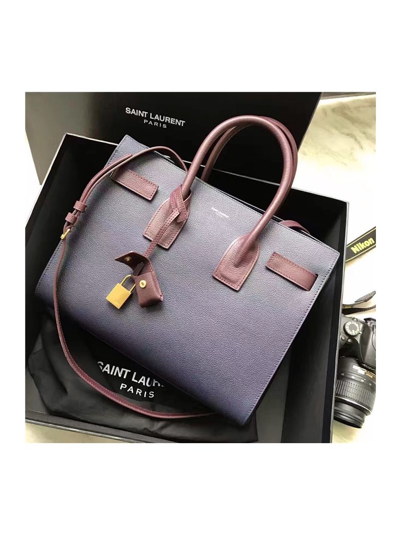 YSL Yves Saint Laurent Classic Small Sac De Jour Bag In Dark Blue Grained Leather with Claret Red Handle