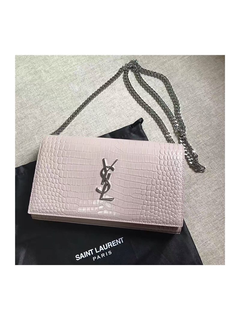 YSL Monogram Saint Laurent Chain Wallet In Antique Rose Crocodile Embossed Shiny Leather 442015