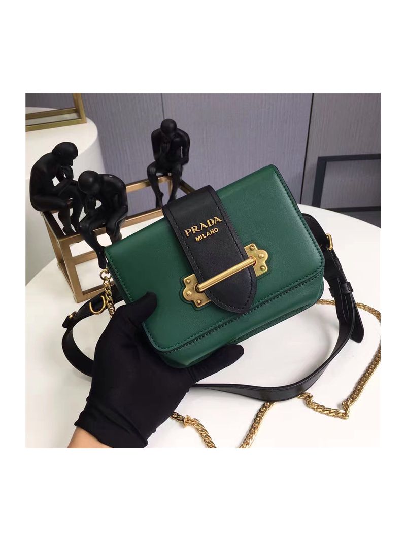Prada Cahier two-tone leather shoulder bag 1BL004 billiard green with black