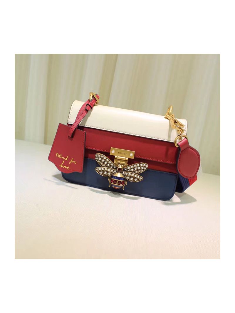 Gucci Queen Margaret embellished paneled leather shoulder bag - dark blue