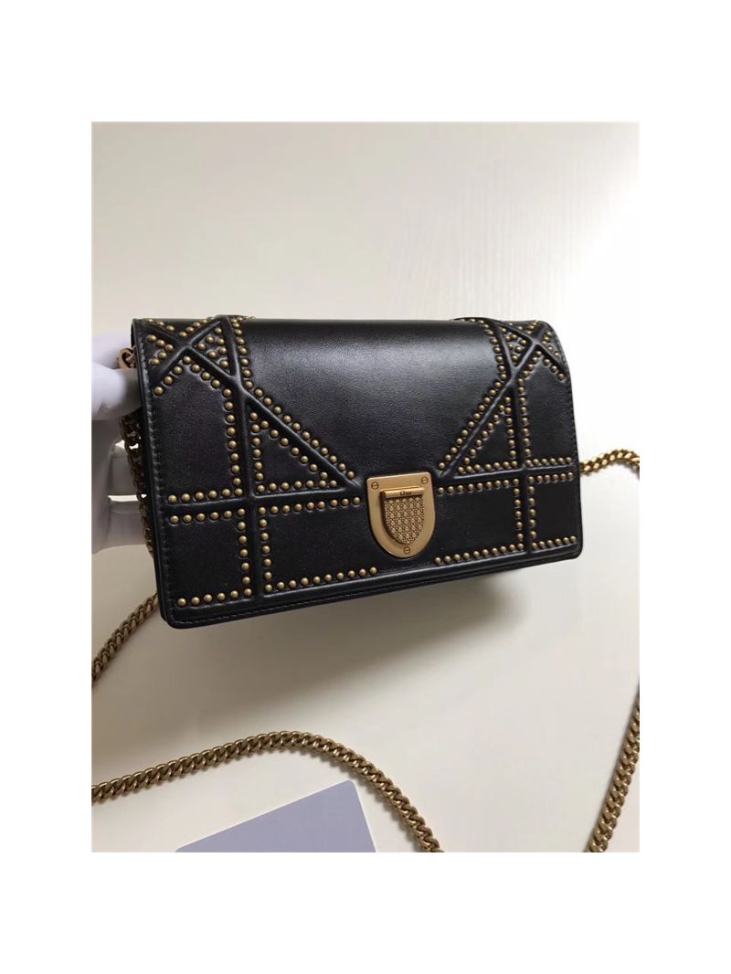 Dior Diorama Wallet On Chain WOC Pouch in black Studded Lambskin with large cannage design