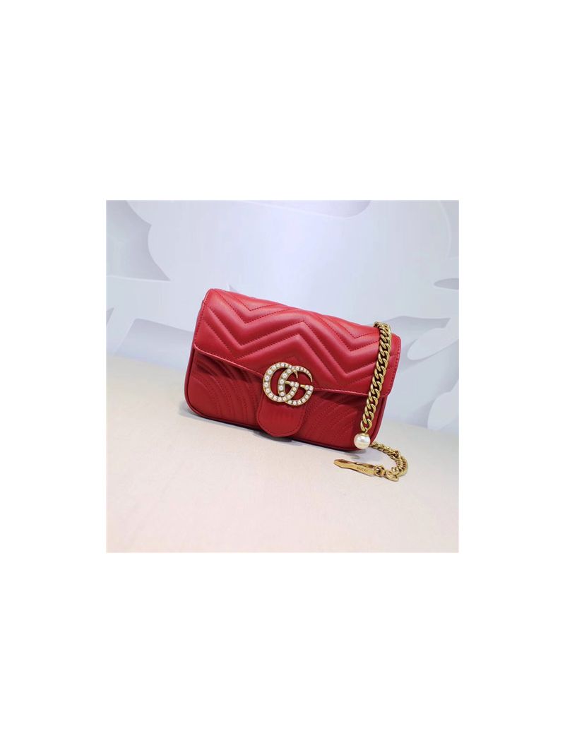 Gucci Calfskin Matelasse GG Marmont Chain Belt Bag red