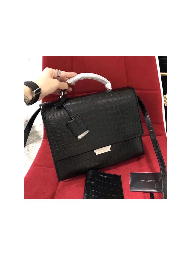 YSL Saint Laurent Babylone Top Handle Bag In Black Crocodile Embossed Leather 484504