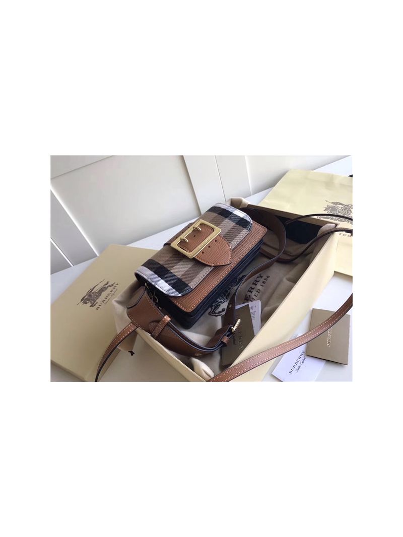 Burberry The Small Buckle Bag in House Check and Brown Leather