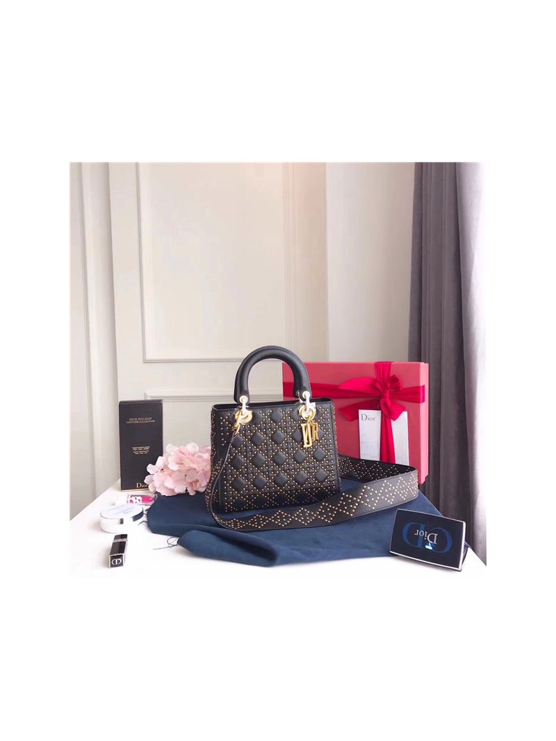 Dior Supple LADY DIOR bag in studded black calfskin