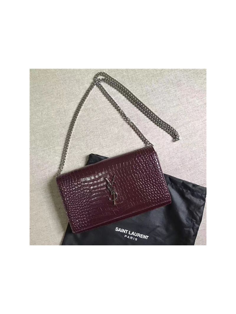 YSL Monogram Saint Laurent Chain Wallet In Wine Red Crocodile Embossed Shiny Leather 442015