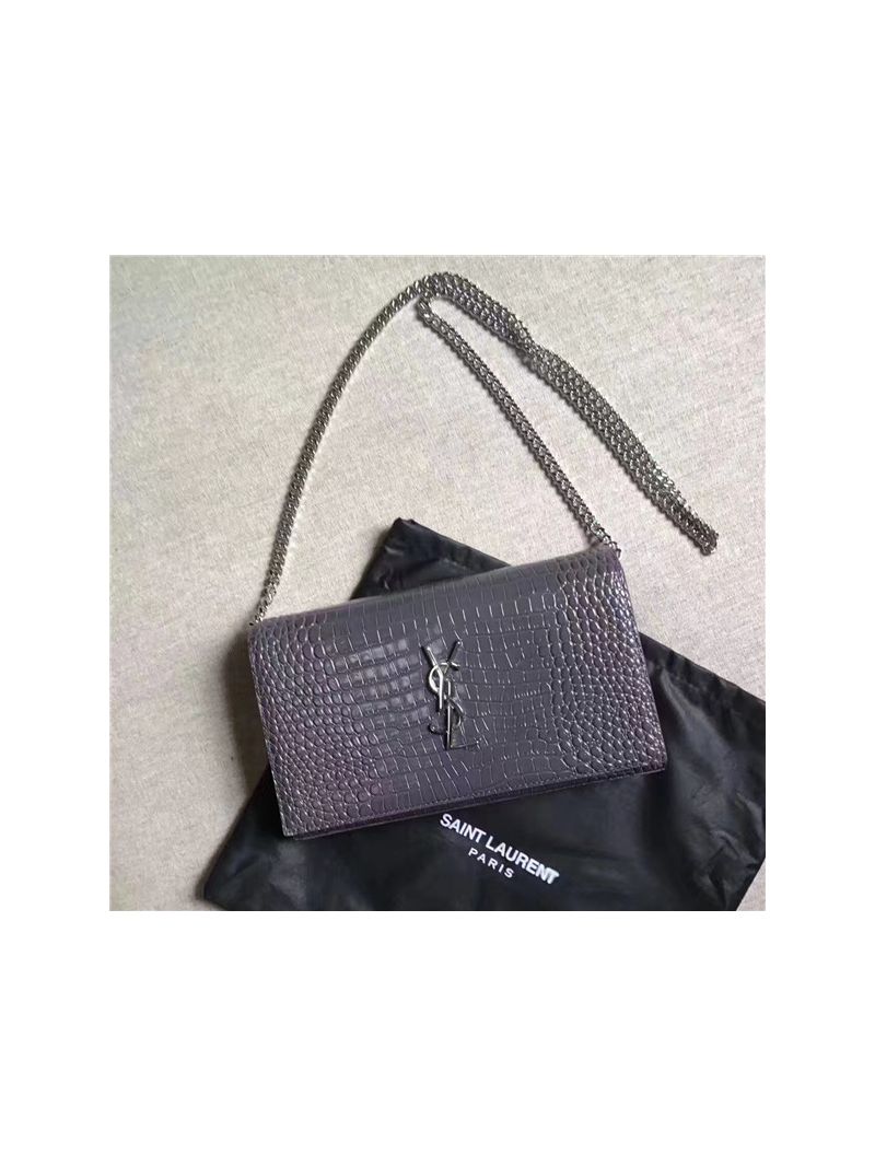YSL Monogram Saint Laurent Chain Wallet In Grey Crocodile Embossed Shiny Leather 442015
