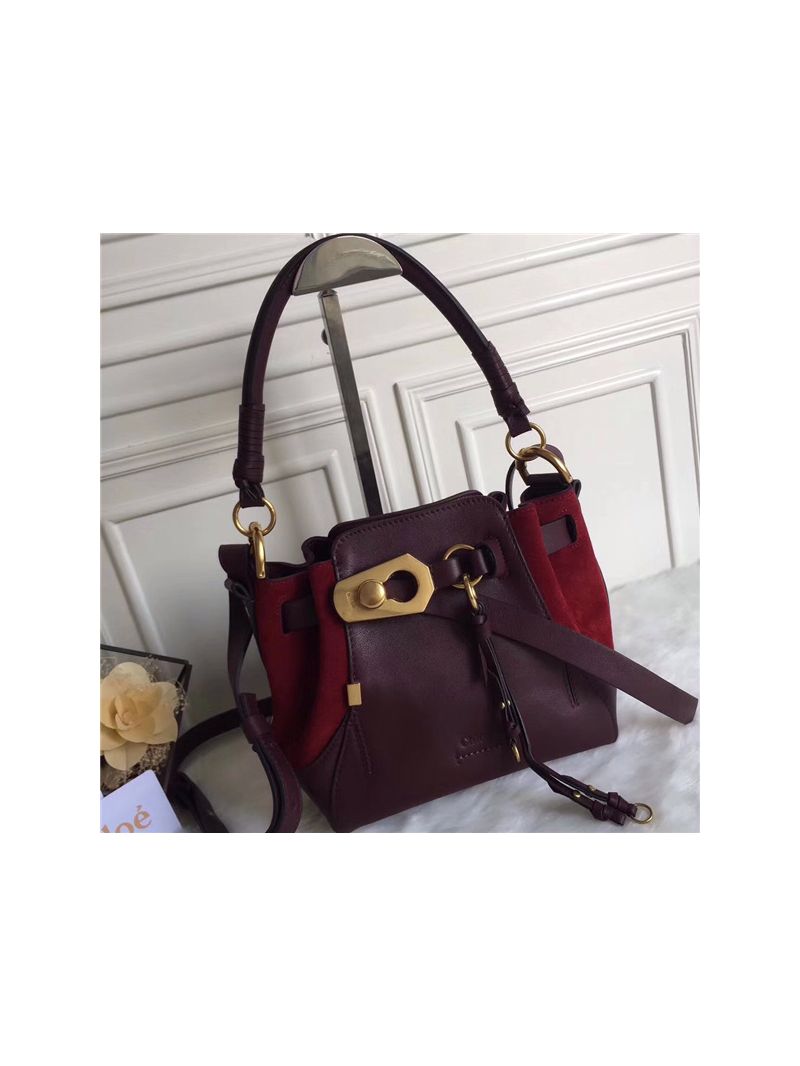 Chloe Small Owen bucket bag in wine red smooth & suede calfskin