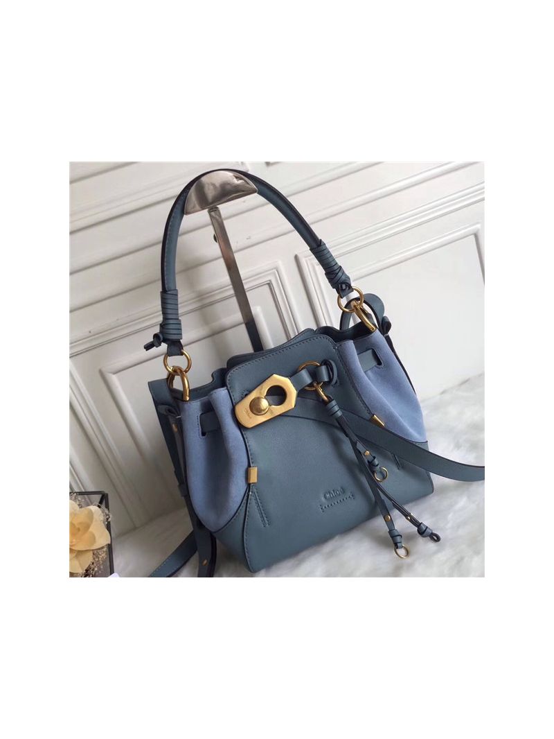 Chloe Small Owen bucket bag in grey blue smooth & suede calfskin