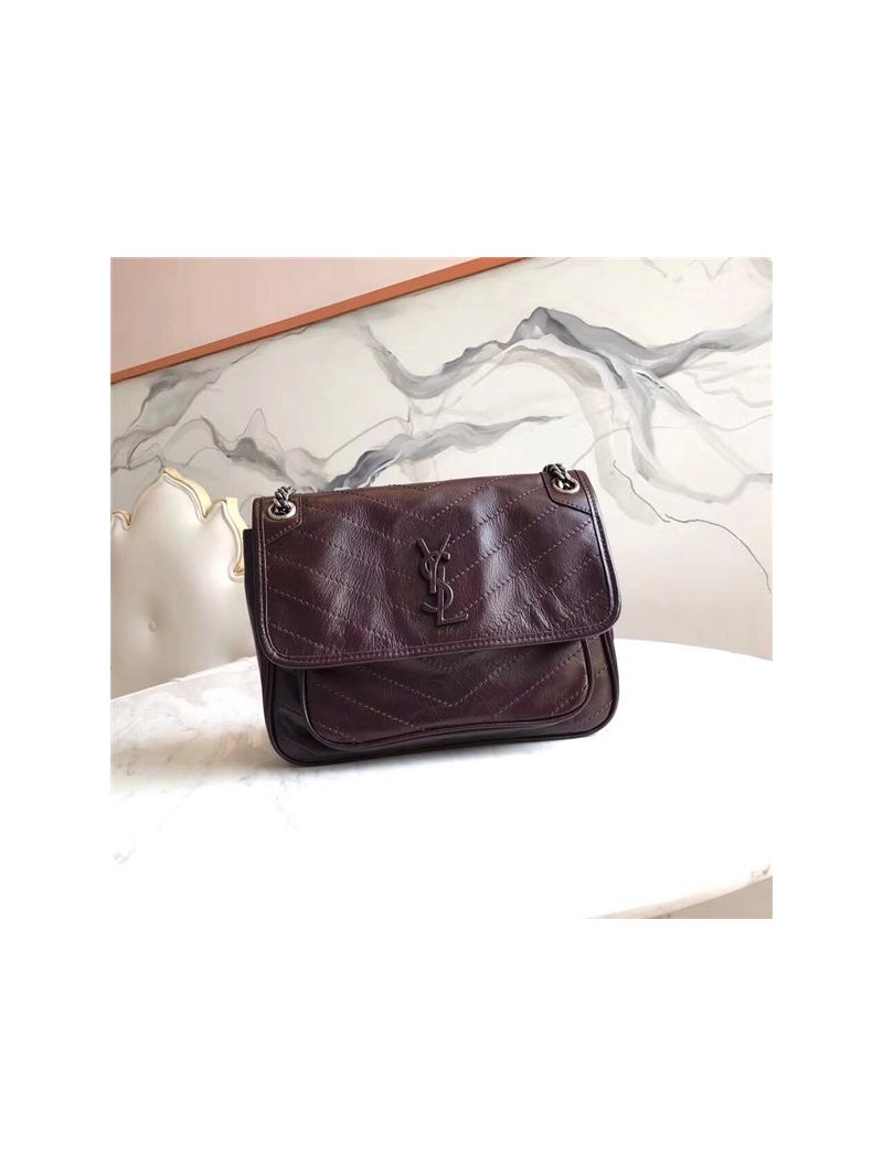 YSL Saint Laurent Niki Chain Bag In Vintage Crinkled And Quilted Wine Red Leather 498894